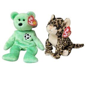 Vintage RARE Ty Beanie Babies 1998 Kicks Bear with ERRORS and 2000 Sneaky Cat